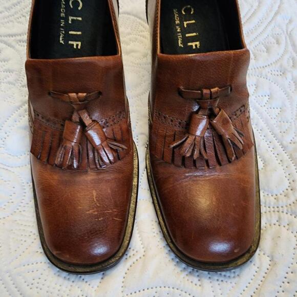 EUC  CLIF made in itay block heel slip on tassel borwn leather 37.5  6.5 - Picture 2 of 9